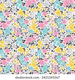 Ditsy floral pattern. Pretty flowers on white background. Printing with small blue, yellow and pink flowers. Cute print. Seamless vector texture. Stock vector. Printing on surfaces. Abstract flowers.