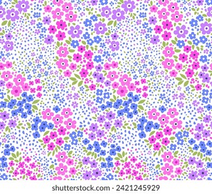 Ditsy floral pattern. Pretty flowers on white background. Printing with small blue, pink and lilac flowers. Cute print. Seamless vector texture. Stock vector. Printing on surfaces. Abstract flowers.