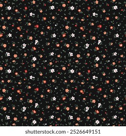 Ditsy floral pattern. Pretty flowers black background. Printing with small red, coral and white flowers. Cute print. Seamless vector texture. Stock vector. Printing on surfaces. Abstract flowers.