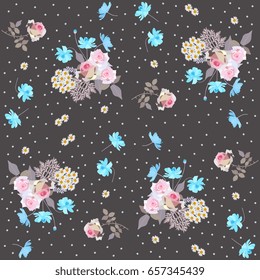Ditsy floral pattern with roses, daisies, forget me not and cosmos flowers, isolated on black background. Vector illustration.
