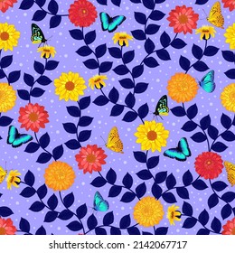 ditsy floral pattern. seamless flowers. marigold, dahlia, butterfly in the garden. good for dress, fashion, fabric, wallpaper, etc.