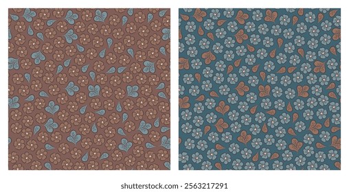 Ditsy Floral Pattern. Small Flowers Seamless Pattern. Set of two Vintage Backgrounds. Blue Brown Retro Colors. Hand drawn Vector illustration