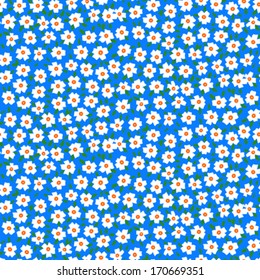 Ditsy floral pattern with small forget-me-not flowers on blue background. Seamless vector texture for print, spring summer fashion, textile design, flower shop website, wallpaper, wedding invitation