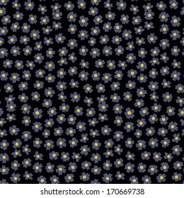 Ditsy floral pattern with small grey flowers on black background. Seamless vector texture for print, spring summer fashion, textile design, flower shop website, wallpaper, wedding invitation, fabric