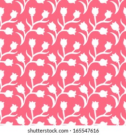 Ditsy floral pattern with small white tulips on tropical pink background. Seamless vector texture for print, spring summer fashion, textile design, fabric, home decor, flower shop website, wallpaper