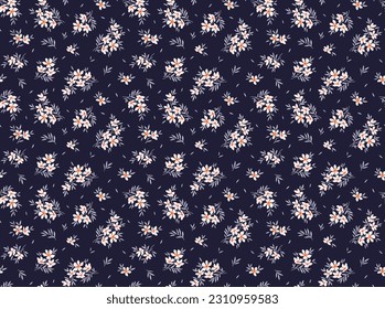 Patrón floral marrón. Flores antiguas de fondo azul oscuro. Impresión con flores blancas pequeñas. Impresión corta. Textura vectorial sin inconvenientes. Motivo retro.