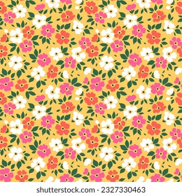 Ditsy floral pattern. Vintage flowers on yellow background. Printing with small flowers. Cute print. Seamless vector texture. Trendy motif. Hand drawn abstract flowers.