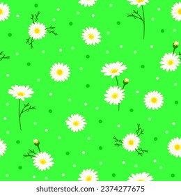 ditsy floral print. daisy flower seamless pattern with green background and polka dots. good for fabric, fashion design, summer spring dress, textile, wallpaper, backdrop, clothing.