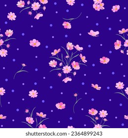 ditsy floral print. pink flowers seamless pattern with polka dots blue background. good for fabric, fashion design, wallpaper, summer spring dress, kimono, pajama, textile.