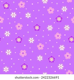 ditsy floral print. purple cherry blossom and daisy flowers seamless pattern. botanical garden background with polka dots. for fabric, fashion design, wallpaper, summer dress, pajama, kimono, textile.