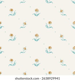 Ditsy Floral Print Seamless Pattern Vector. Floral Background with Yellow Beautiful Flowers with Turquoise Leaves. Spring, Summer, Autumn Nature Vintage Wallpaper