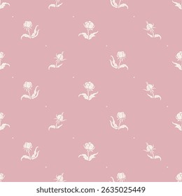 Ditsy Floral Print Seamless Pink Pattern Vector. Monochrome Background with Flowers. Spring, Summer, Autumn Nature Vintage Wallpaper