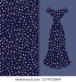 Ditsy floral seamless ornament with tiny flowers and green leaves on a dark blue background and a dress with this pattern.