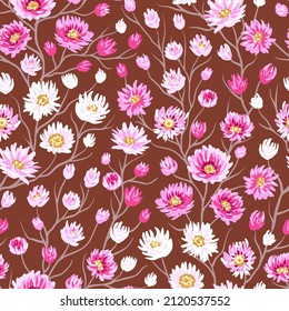 Ditsy floral seamless pattern with cute flowers and branches, vector illustration