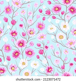 Patrón floral sin costura con flores y ramas lindas, ilustración vectorial