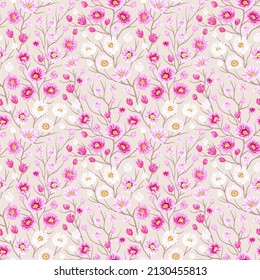 Ditsy-Blumenmuster, nahtlos mit süßen Blumen und Ästen, Vektorgrafik
