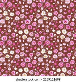 Ditsy floral seamless pattern with cute flowers and branches, vector illustration