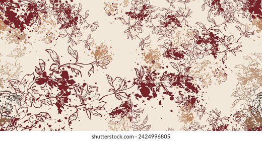 Ditsy floral seamless pattern. Cute blooming flower on a cream background. Trendy fabric prints. Textile pattern with peach fuzz color style