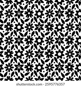 Ditsy floral seamless pattern. Cute flowers for fabric prints. Contrasting black white flower ornament . Monochrome drawing daisy wallpaper. Stylized chamomile flowers. Simple botanical illustration.