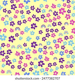 Ditsy floral seamless pattern. Flowers and stars pattern, lavender and pink.
