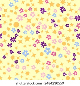 Ditsy floral seamless pattern. Flowers and stars pattern, lavender and pink.