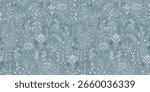 Ditsy Floral Seamless Pattern. Hand Drawn Wildflowers, Berries and Branches in Gray Blue White Colors. Vector Illustration