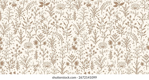 Ditsy Floral Sem Costura Padrão. Flores silvestres desenhadas à mão, bagas e ramos em tons castanhos beges. Ilustração de vetor