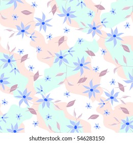 Ditsy Floral Seamless Pattern in Liberty Style with Cute Small Flowers and Leaves on Pastel Background With Blobs. Pretty Natural Ornament for Fabric, Textile, Cloth, Dress, Wallpaper