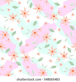 Ditsy Floral Seamless Pattern in Liberty Style with Cute Small Flowers and Leaves on Pastel Background With Blobs. Pretty Natural Ornament for Fabric, Textile, Cloth, Dress, Wallpaper