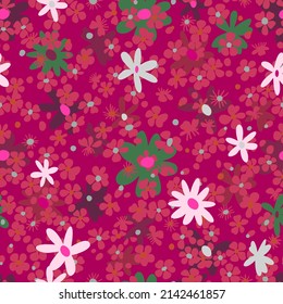 Ditsy floral seamless pattern. Mix of tiny and large flowers texture in cartoon style. Cute flower buds silhouettes all over the print. Colorful meadow plants. Flat summer botanical background.