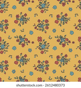 Ditsy floral seamless pattern on yellow background. Hand drawn vintage backdrop with tiny flower bouquets. Cottage core sketchy blooms and leaves texture.