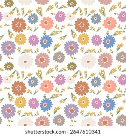 Ditsy floral seamless pattern on white background. Hand drawn vintage backdrop with tiny flowers. Cottagecore texture with sketchy blooms.