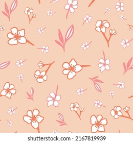 Ditsy floral seamless pattern with pink cherry blossom on coral background. Sakura flower vector illustration. Surface pattern design for asian weddings or spring and summer botanical designs.