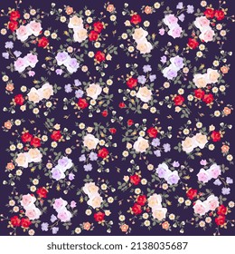 Ditsy floral seamless pattern with rose bouquets on a dark purple background in vector. Natural print for fabric in retro style. Romantic ornament made of small flowers.