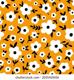 Ditsy Floral seamless pattern. Small white black meadow flowers, tiny wildflowers on orange background. Vintage Millefleur Vector texture for fashion, nursery print, textile, fabric, wrap, gift paper