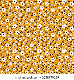 Patrón sin costuras Ditsy Floral. Pequeñas flores blancas de prado negras, pequeñas flores silvestres sobre fondo naranja. Textura vectorial de la libertad vintage para la moda, estampado de vivero, textil, tela, envoltura, papel de regalo