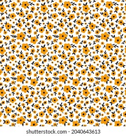 Ditsy Blumen nahtloses Muster. Kleine orangefarbene schwarze Wiesenblumen auf weißem Hintergrund. Vintage Liberty winzige Wildblumen Vektorgrafik für Mode, Baumwolldruck, Textilien, Gewebe, Packung, Geschenkpapier