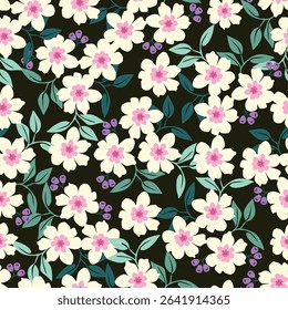Ditsy floral seamless pattern. Small little flower pattern background. Repeat pattern. Ditsy print. Liberty style. Botanic surface design. Ditsy floral for fashion, texture, fabric, wallpaper, decor
