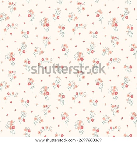 Ditsy floral seamless pattern. Small little flower pattern on light background. Wildflower repeat pattern print. Hand draw style. Cottagecore surface design for fashion, texture, fabric, wallpaper