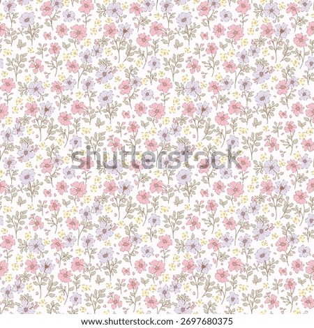 Ditsy floral seamless pattern. Small little flower pattern on light background. Wildflower repeat pattern print. Hand draw style. Cottagecore surface design for fashion, texture, fabric, wallpaper