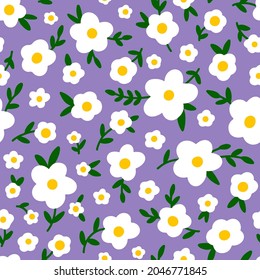 Ditsy Floral seamless pattern. Tiny wildflowers, white meadow flowers, scattered daisies. Vintage Millefleur purple vector background for fashion, nursery print, summer textile, fabric, packaging