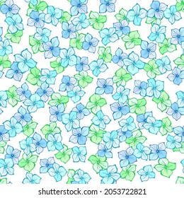 Ditsy floral seamless pattern. Vector hand drawn line art illustration. Summer cute blue green flowers. Texture for print, fabric, textile, wallpaper.