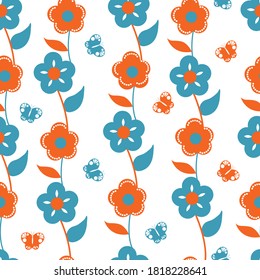 Ditsy floral seamless pattern of white and orange flowers and butterflies with a white background.
