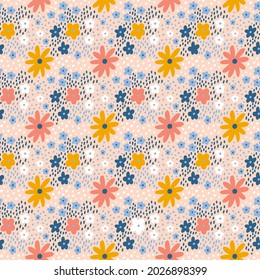 Ditsy floraler Vektor nahtlos Muster. Kleine mehrfarbige Wiesenblumen auf rosafarbenem Hintergrund. Kleine Blumenmotive, Vorlage. Liberty-Stil. Modestruktur für Baumschulen, Textilien, Packungen, Geschenkpapier