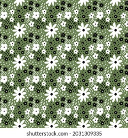 Ditsy Floral Vector Seamless Pattern. Small black and white meadow Flowers on Green background. Tiny Wildflower motif. Millefleur style texture for Fashion, nursery Print, Textile, wrap, gift paper