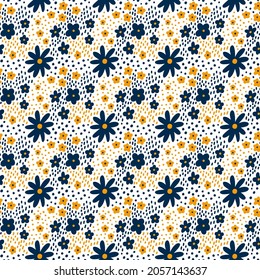 Ditsy floral vector seamless pattern. Small blue orange meadow flowers on white background. Tiny wildflower motif. Millefleur style texture for Fashion, nursery print, textile, wrapping, gift paper