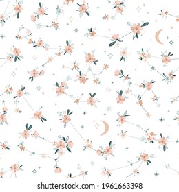 Ditsy Floral zodiac constellation vector seamless pattern. Moon blossom calico magical print design Celestial floral star sign graphic background 