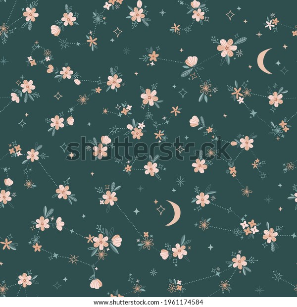 Ditsy Floral zodiac constellation vector\
seamless pattern. Moon blossom calico magical print design\
Celestial floral star sign graphic background\
