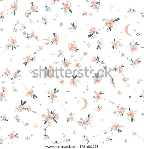 Ditsy Floral zodiac constellation vector\
seamless pattern. Moon blossom calico magical print design\
Celestial floral star sign graphic background\
