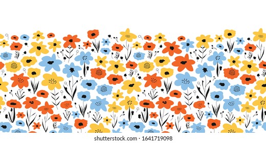 Ditsy flower field seamless vector border. Blue orange yellow black floral background. Repeating flower pattern. Summer or spring nature design. Use for fabric trim, kids wear, footer, card decor